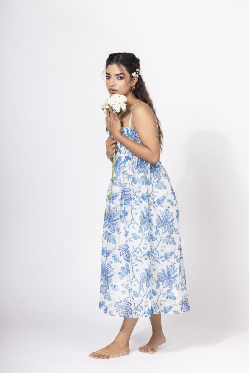 Blue Floral Strapless Dress - Image 3