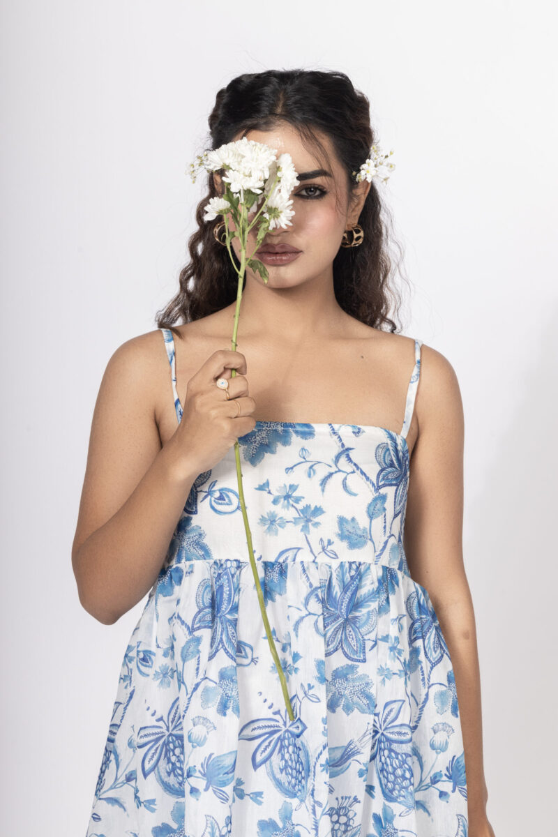 Blue Floral Strapless Dress