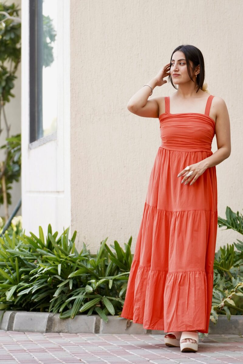 Orange Strapless 3-tier Maxi Dress